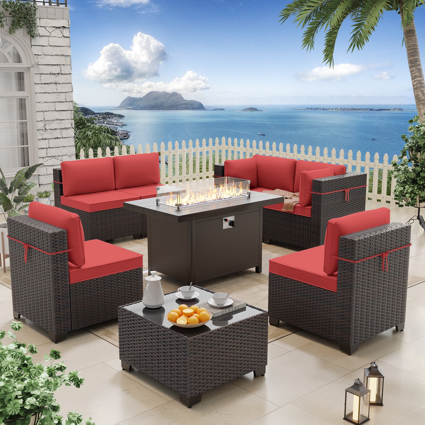 ALAULM 8 Pcs Patio Furniture Set withStainless Steel Gas Fire Pit Table, Brown/Blue