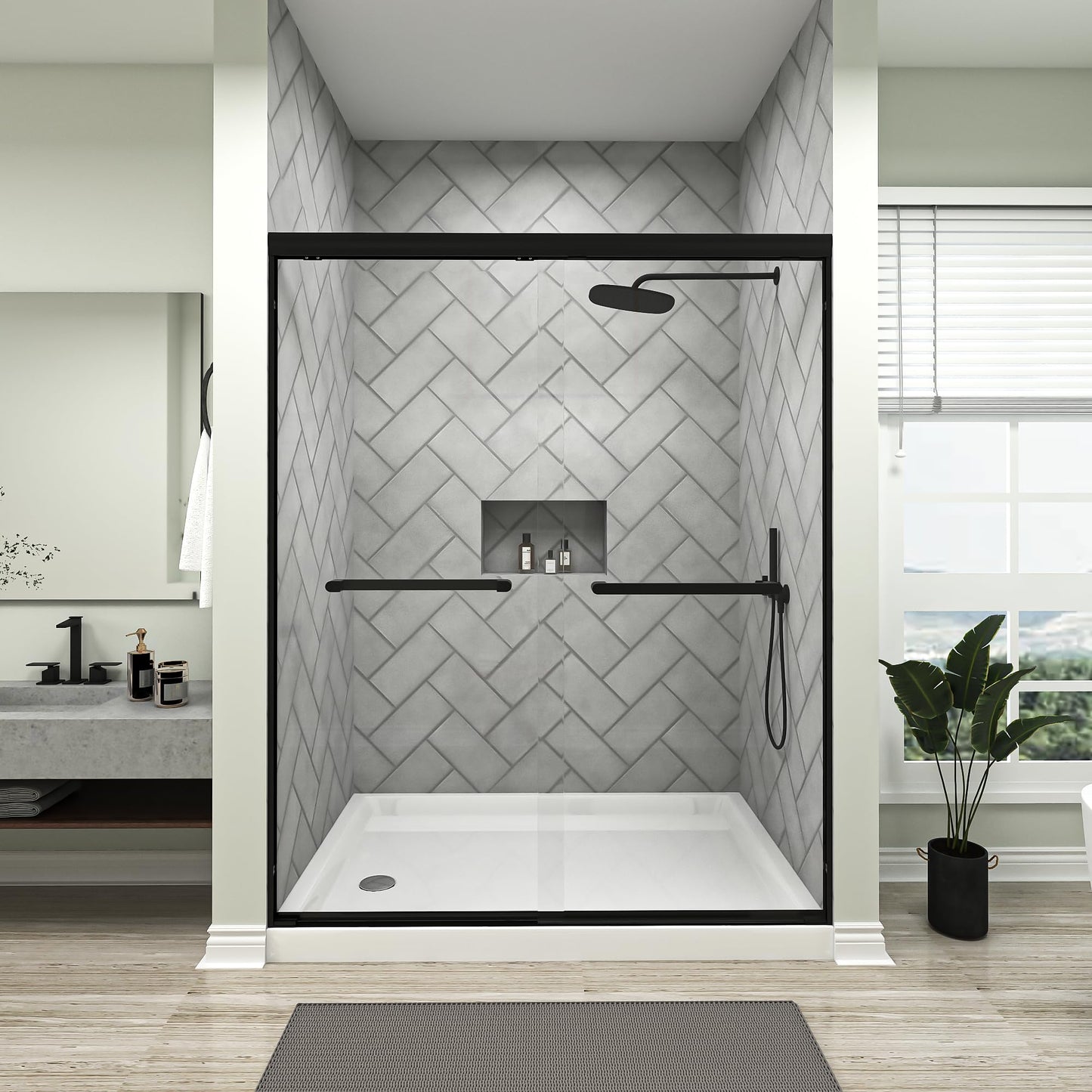Gotland 44-48" W x 72" H Semi-Frameless Bypasss Bathroom Glass Shower Double Sliding Doors,1/4" (6mm) Clear SGCC Tempered Glass Stainless Steel Hardware Waterproof Seal Explosion-Proof Film