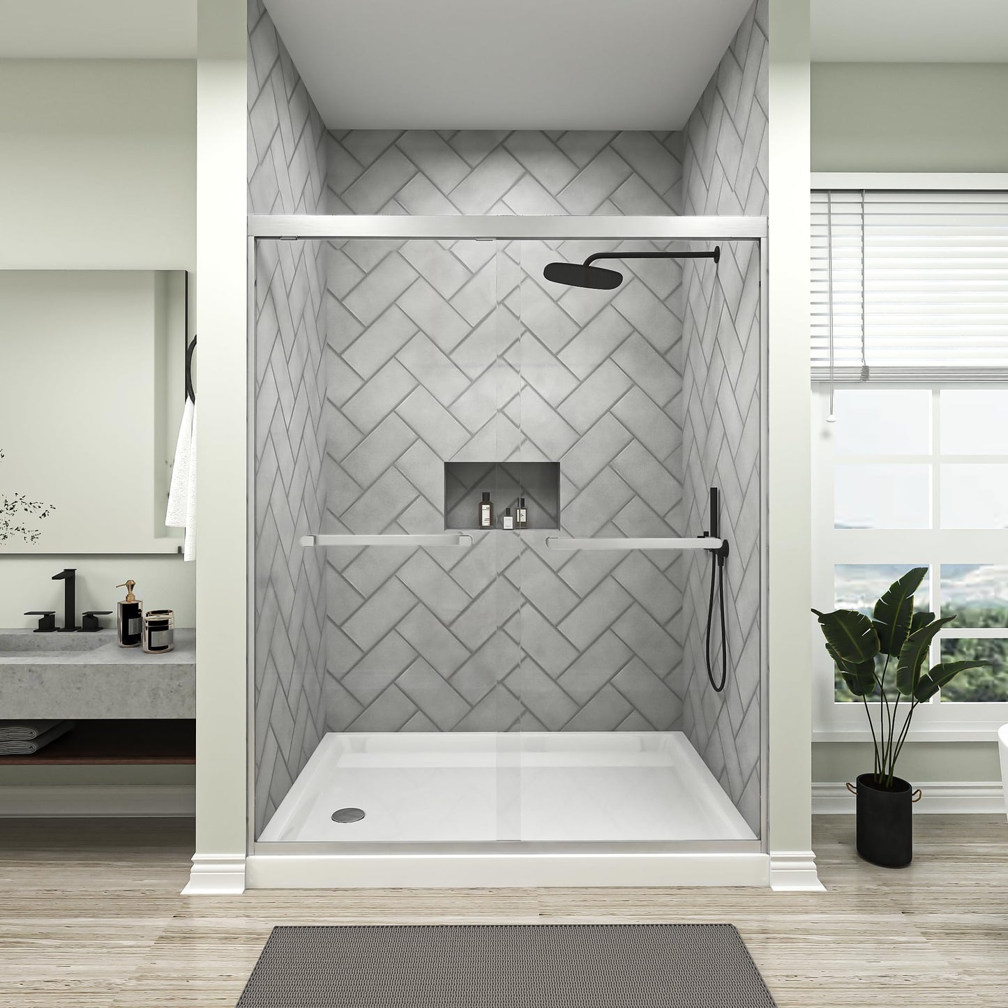 Gotland 44-48" W x 72" H Semi-Frameless Bypasss Bathroom Glass Shower Double Sliding Doors,1/4" (6mm) Clear SGCC Tempered Glass Stainless Steel Hardware Waterproof Seal Explosion-Proof Film