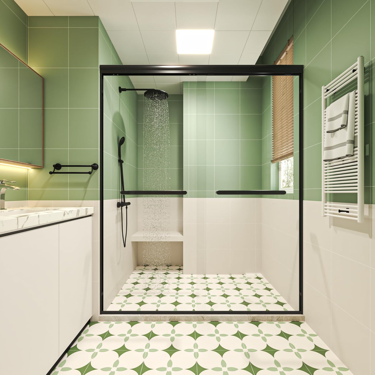 Gotland 44-48" W x 72" H Semi-Frameless Bypasss Bathroom Glass Shower Double Sliding Doors,1/4" (6mm) Clear SGCC Tempered Glass Stainless Steel Hardware Waterproof Seal Explosion-Proof Film