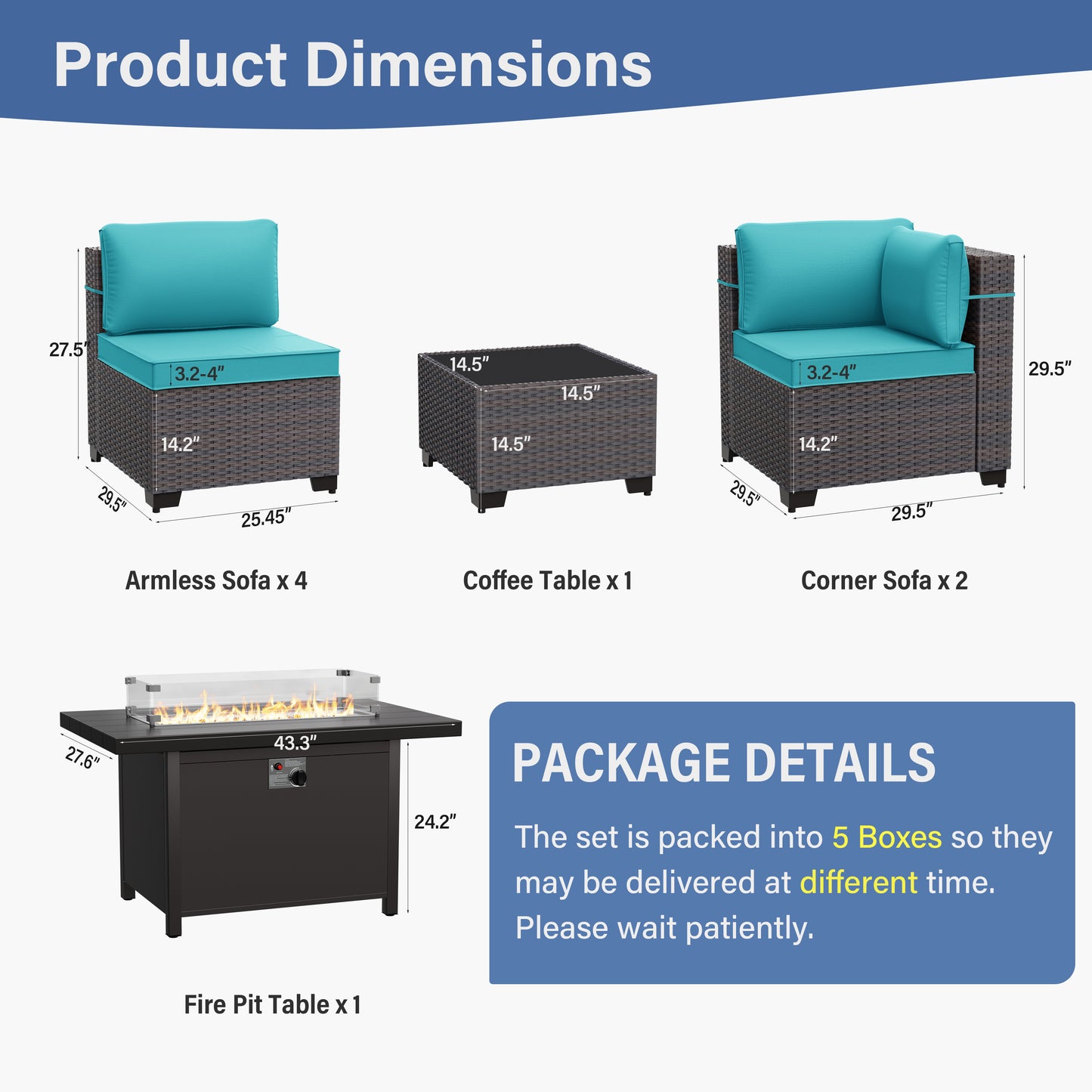 ALAULM 8 Pcs Patio Furniture Set withStainless Steel Gas Fire Pit Table, Brown/Blue