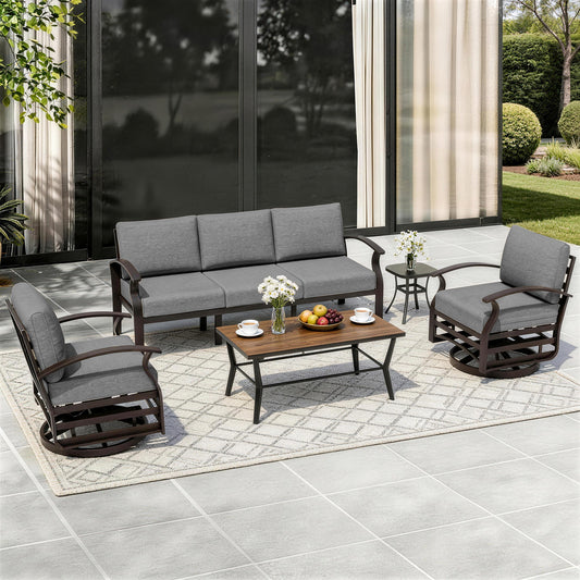 ALAULM Aluminum Patio Furniture Set with Coffee Table Rectangular, 5-seat Outdoor Sectional Furniture w/2 Swivel Chairs, Patio Conversation Set for Porch, Backyard, Poolside