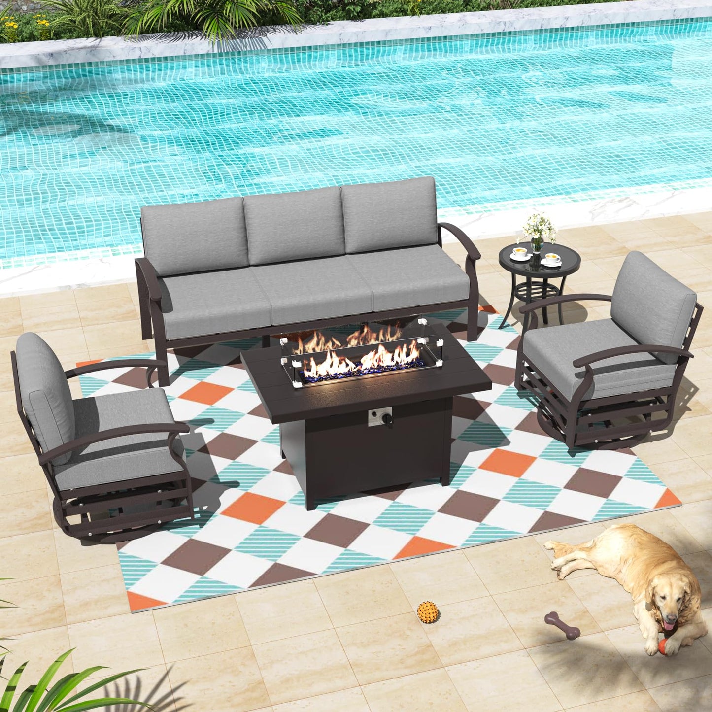 ALAULM 5-Seat Aluminum Patio Furniture Set with CSA-Certified Fire Pit Table & 5.1" Cushions