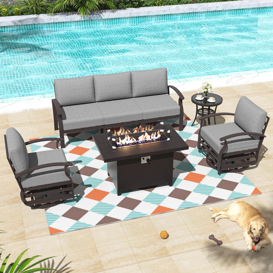 ALAULM 5-Seat Aluminum Patio Furniture Set with CSA-Certified Fire Pit Table & 5.1" Cushions