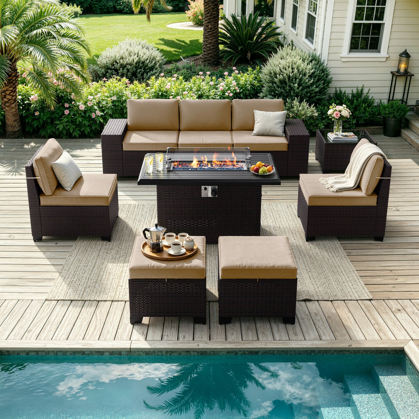 ALAULM 8PCS Outdoor Conversation Set, Wide Armrest Patio PE Rattan Wicker Sectional Sofas with Ottoman for Backyard, Porch, Sand