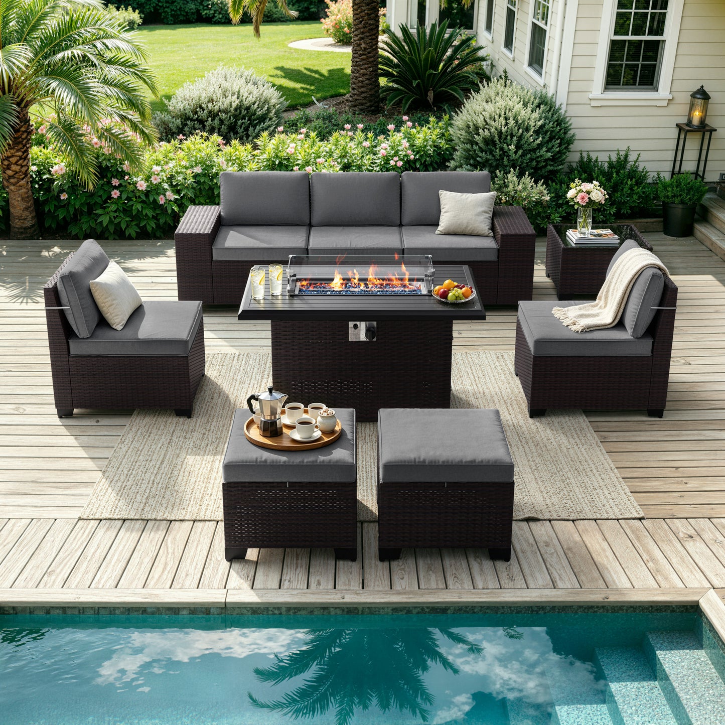ALAULM 8PCS Outdoor Conversation Set, Wide Armrest Patio PE Rattan Wicker Sectional Sofas with Ottoman for Backyard, Porch, Sand