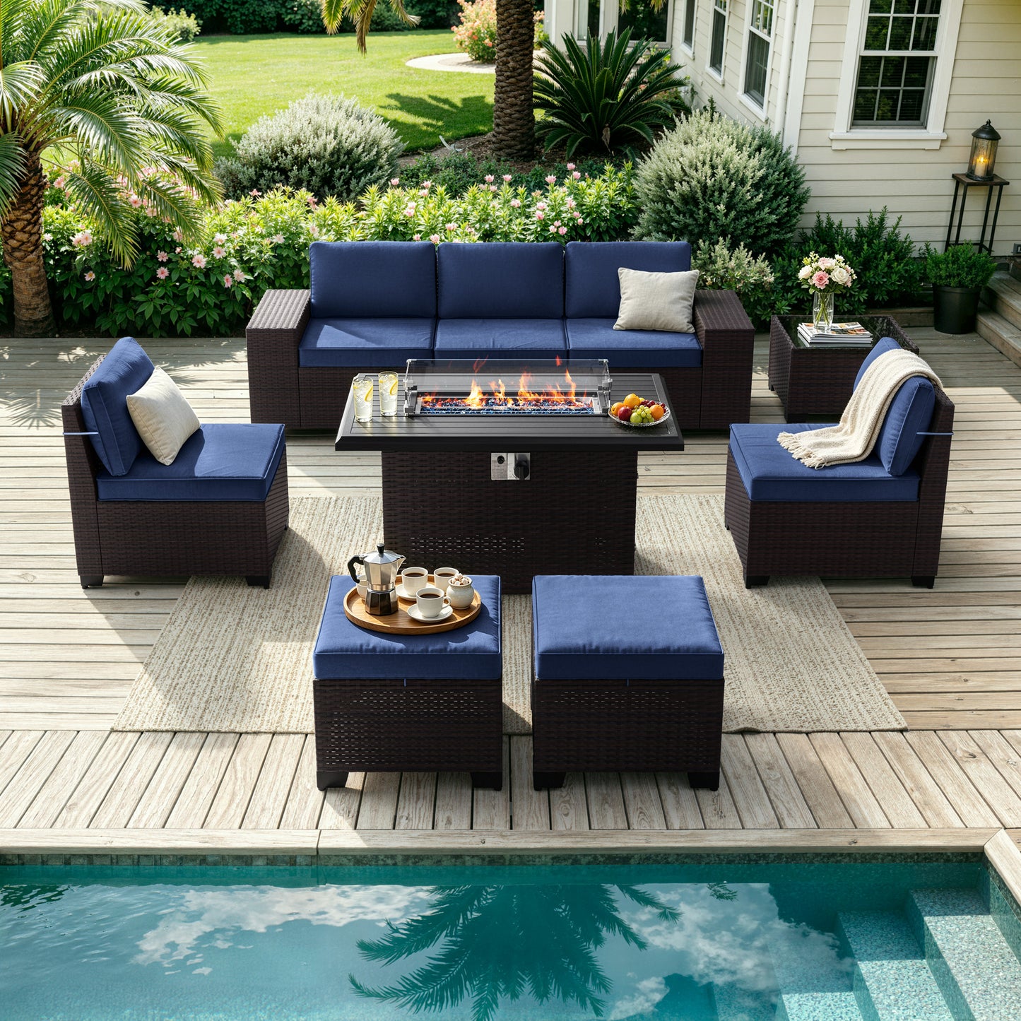 ALAULM 8PCS Outdoor Conversation Set, Wide Armrest Patio PE Rattan Wicker Sectional Sofas with Ottoman for Backyard, Porch, Sand