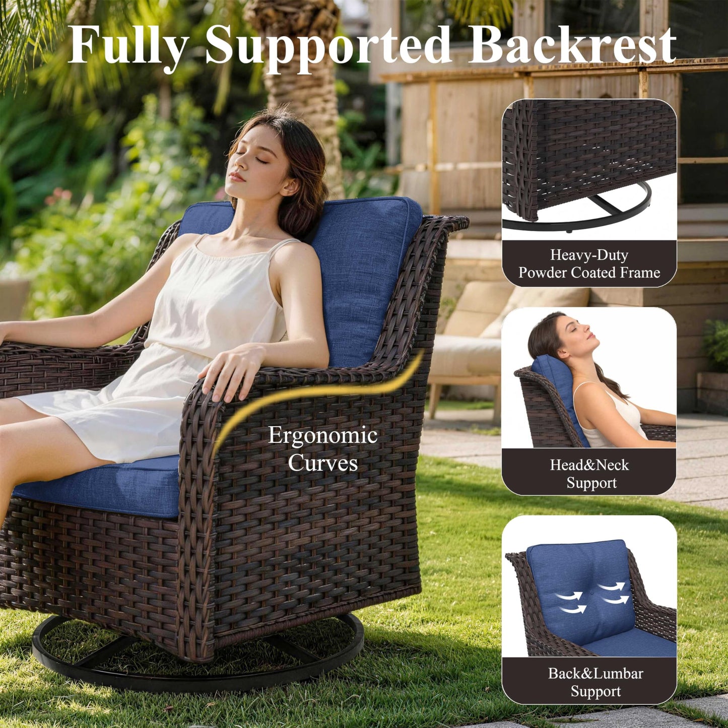 ALAULM 3-Piece Patio Furniture Set, Outdoor Thick Wicker High Back Sectional Sofa Couch with 2 Swivel Chairs, All-Weather Wicker Outdoor Conversation Set for Backyard, Porch, Deck