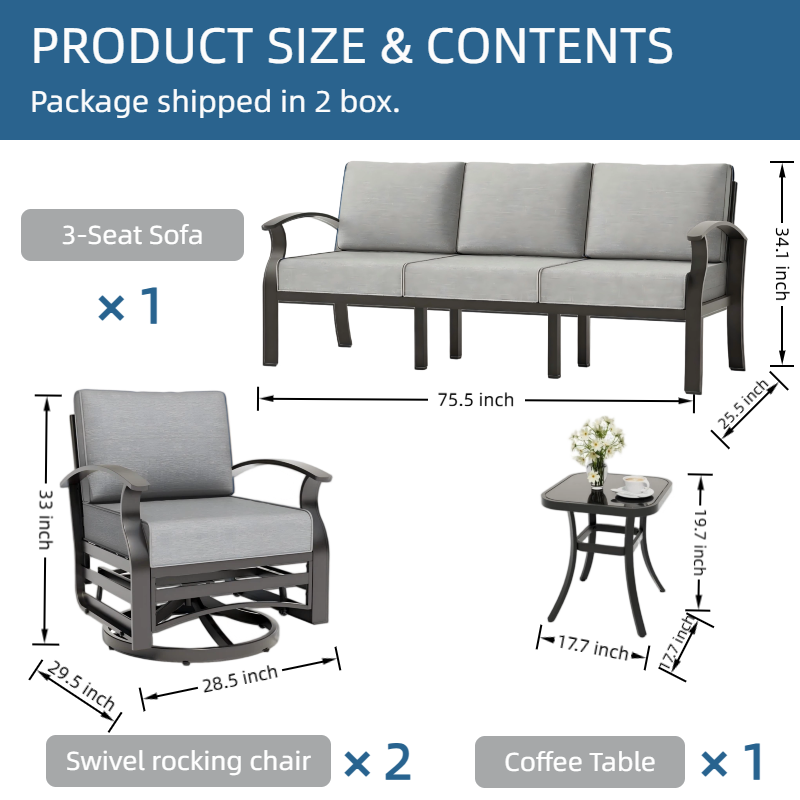 ALAULM Aluminum 5 Pieces Outdoor Patio Conversation Set, 1 Three-Seater Sofa & 2 Swivel Rocking Chairs with 5.1" High-Resilience Cushions for Patio Backyard Poolside