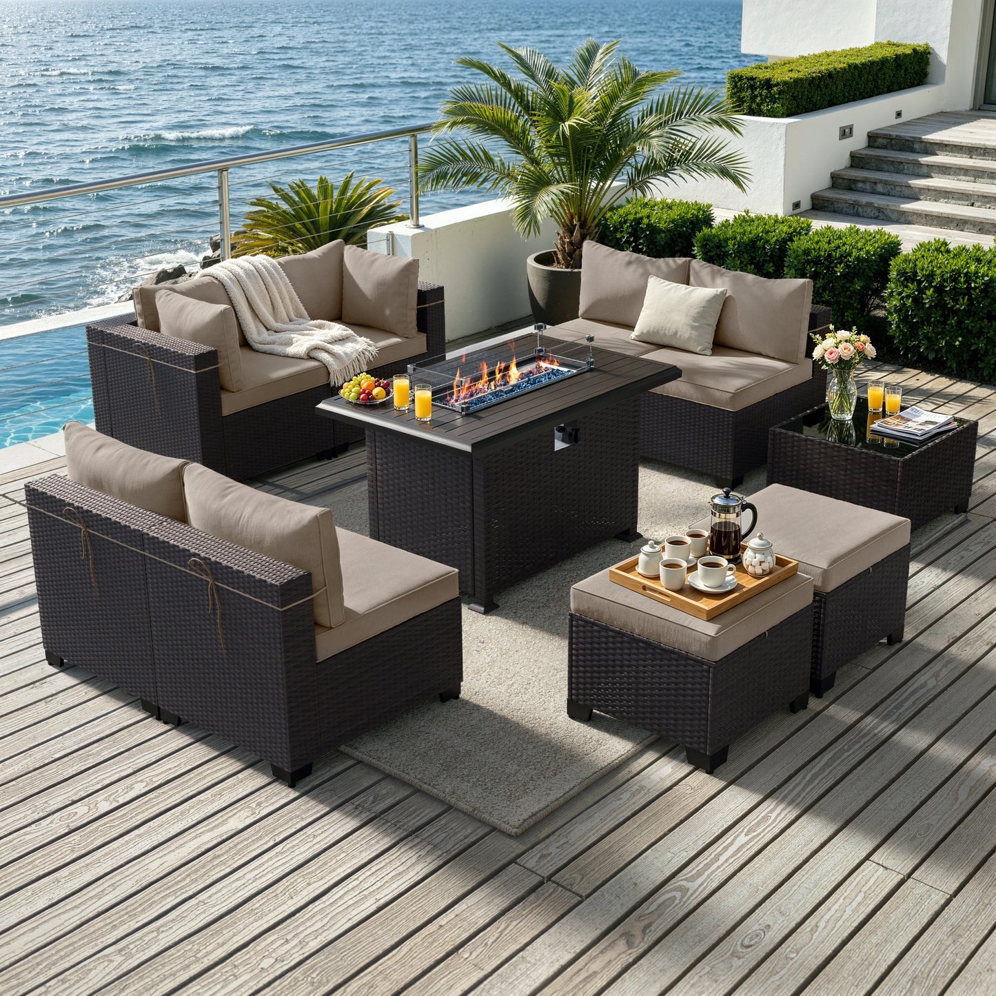 ALAULM 9PCS Outdoor Conversation Set, Thick Backrest Patio PE Rattan Wicker Sectional Sofas with Ottoman for Backyard, Porch, Sand