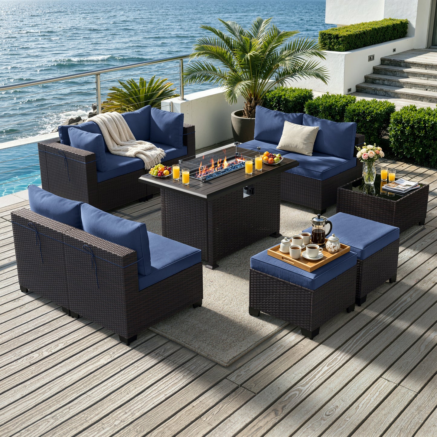 ALAULM 9PCS Outdoor Conversation Set, Thick Backrest Patio PE Rattan Wicker Sectional Sofas with Ottoman for Backyard, Porch, Sand