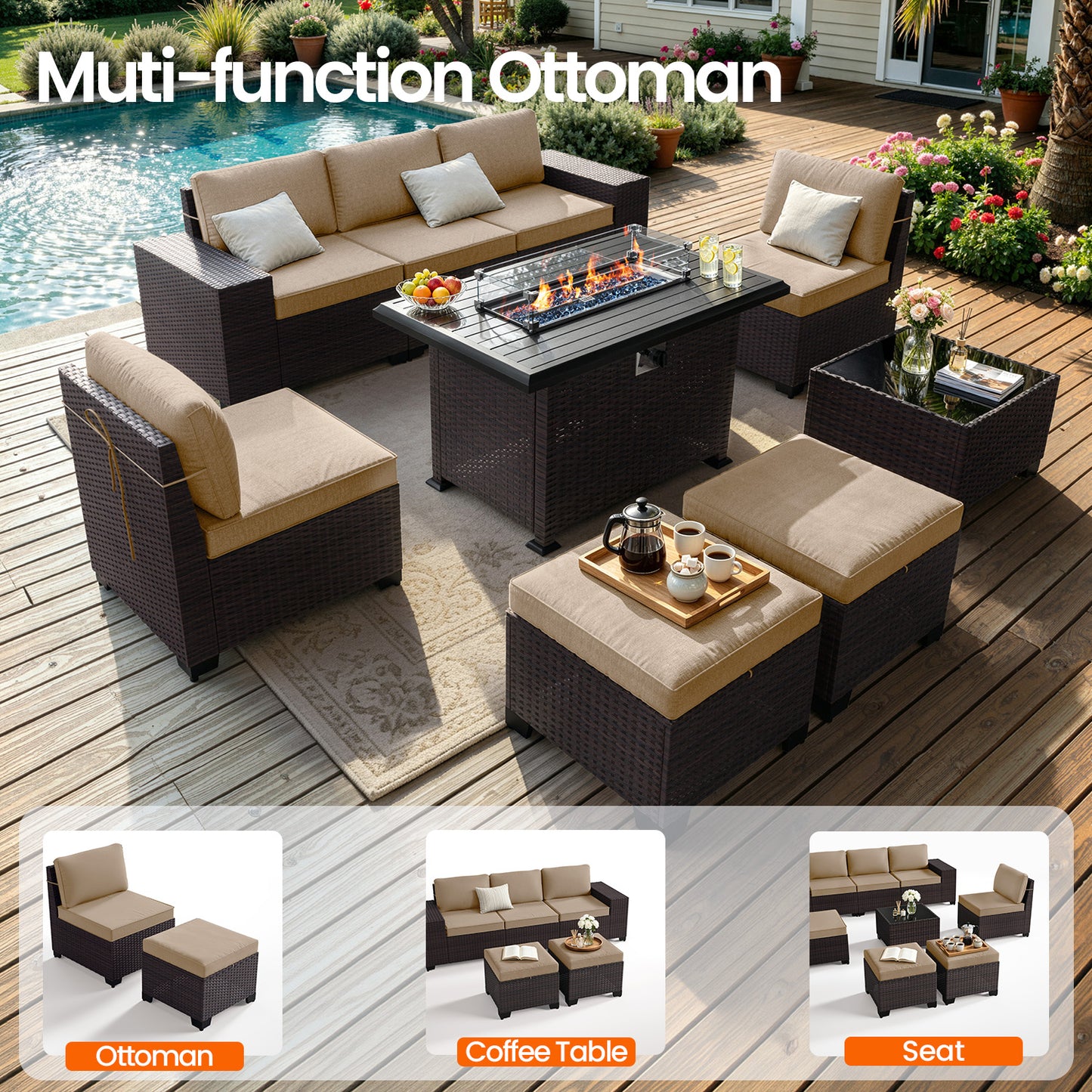 ALAULM 8PCS Outdoor Conversation Set, Wide Armrest Patio PE Rattan Wicker Sectional Sofas with Ottoman for Backyard, Porch, Sand
