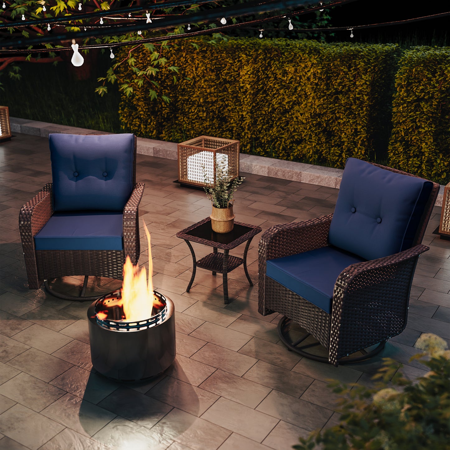 ALAULM 3PCS Outdoor Conversation Sets with 19" Smokeless Stove, Outdoor Swivel Glider Chair with Glass Top Side Table, Fire Pit Comes with Waterproof Cover and Fire Poker, for Porch Backyard
