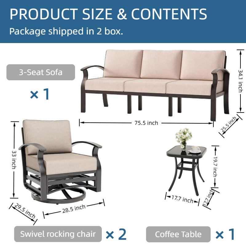 ALAULM Aluminum 5 Pieces Outdoor Patio Conversation Set, 1 Three-Seater Sofa & 2 Swivel Rocking Chairs with 5.1" High-Resilience Cushions for Patio Backyard Poolside