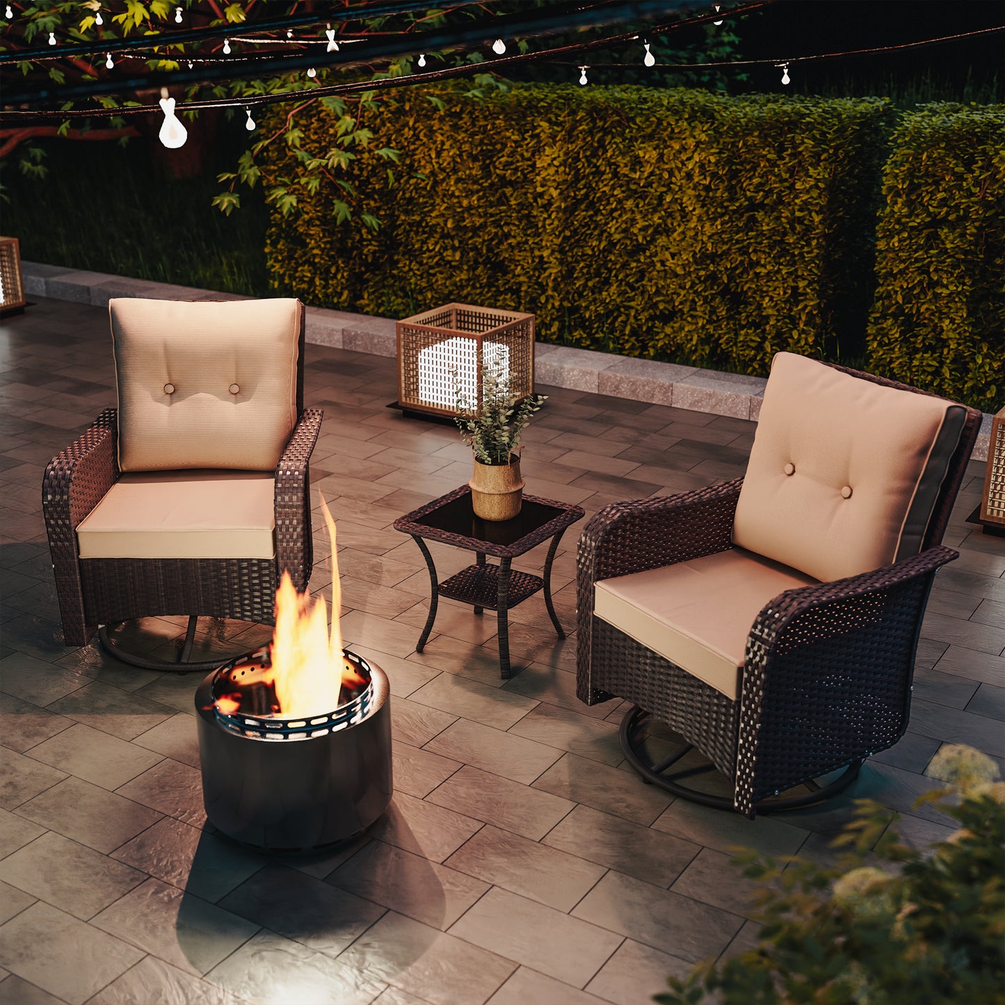 ALAULM 3PCS Outdoor Conversation Sets with 19" Smokeless Stove, Outdoor Swivel Glider Chair with Glass Top Side Table, Fire Pit Comes with Waterproof Cover and Fire Poker, for Porch Backyard