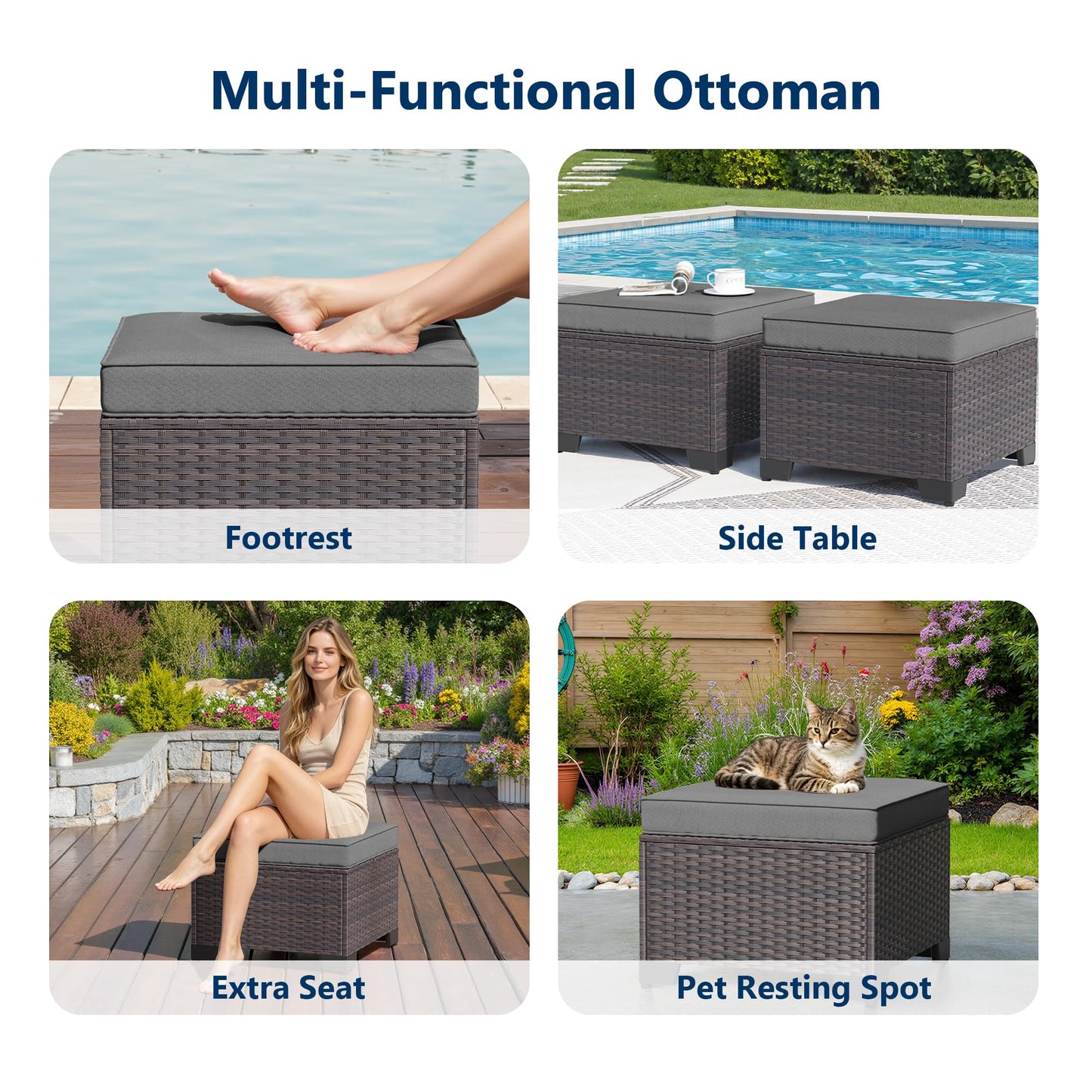 Gotland 8PCS Outdoor Patio Furniture Set, Outdoor Sectional Furniture All Weather PE Rattan Wicker Patio Conversation Set with 2 Ottomans and Coffee Table