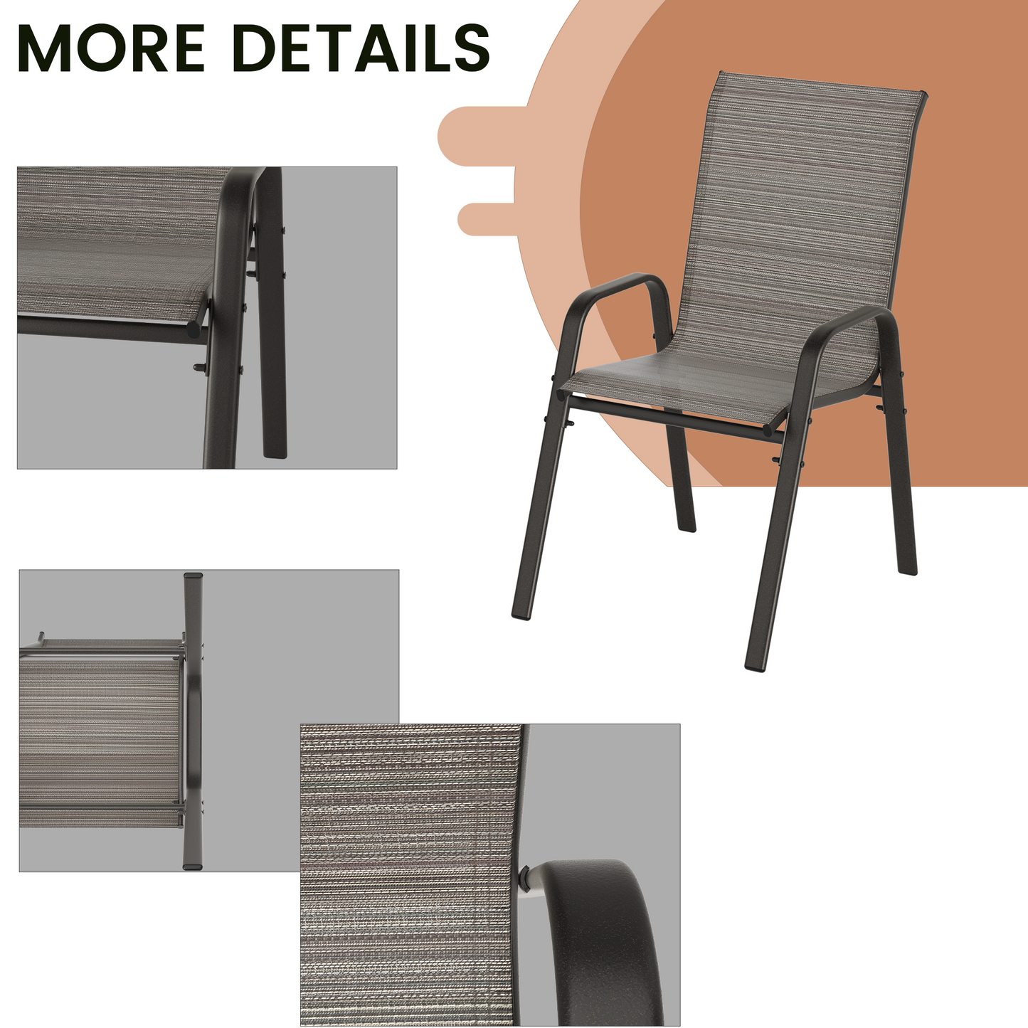 ALAULM 5 Pieces All Weather Patio Dining Set, 4 Stackable High Back Textilene Chairs with Metal Frame & DPC Coffee Table, Outdoor Furniture Set for Backyard Garden Deck, Brown