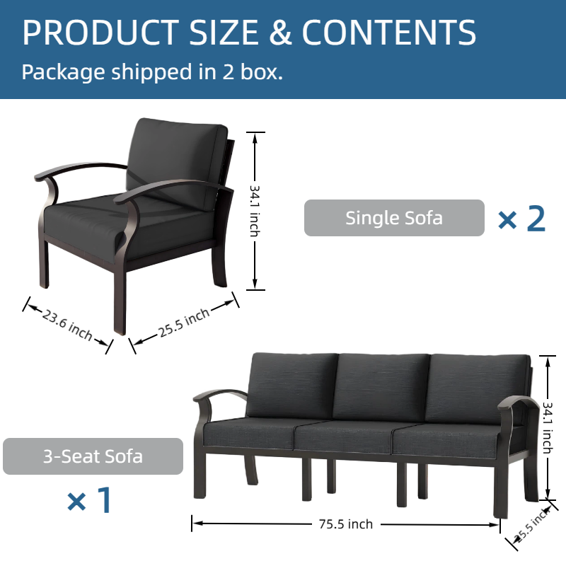 ALAULM Aluminum 5 Pieces Patio Furniture Set, 1 Three-Seater Sofa & 2 Single Sofas with 5.1" High-Resilience Cushions for Patio Backyard Poolside