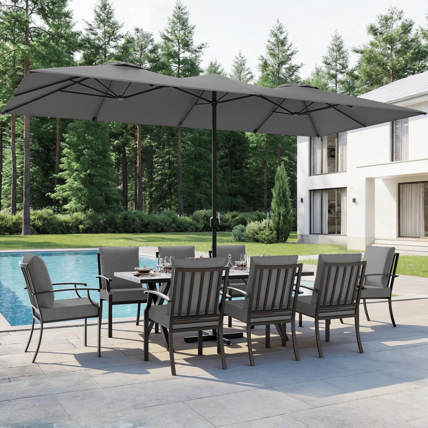 ALAULM 14FT Patio Umbrellas with Cross Base, Outdoor Double-Sided Umbrella Large Rectangle Table Market Umbrella with Crank Handle & Ribs, for Pool Lawn Garden Beige