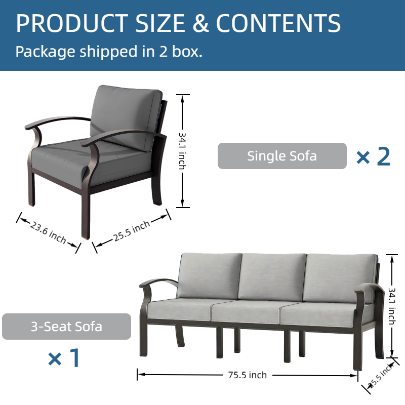 ALAULM Aluminum 5 Pieces Patio Furniture Set, 1 Three-Seater Sofa & 2 Single Sofas with 5.1" High-Resilience Cushions for Patio Backyard Poolside
