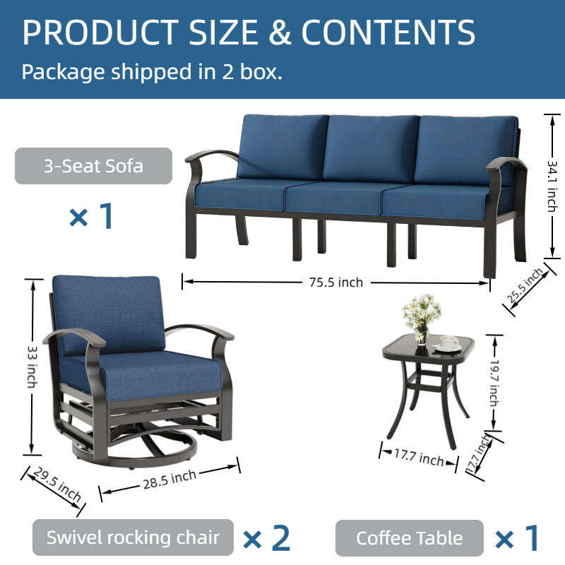ALAULM Aluminum 5 Pieces Outdoor Patio Conversation Set, 1 Three-Seater Sofa & 2 Swivel Rocking Chairs with 5.1" High-Resilience Cushions for Patio Backyard Poolside