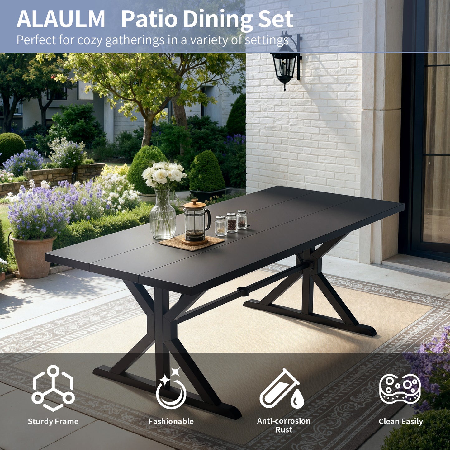 ALAULM 78.2" Rectangular Heavy-Duty Metal Dining Table, Modern Outdoor Patio Table for 8 People, Robust Metal Frame & Reinforced Metal Legs (Brown with Golden Flecks)