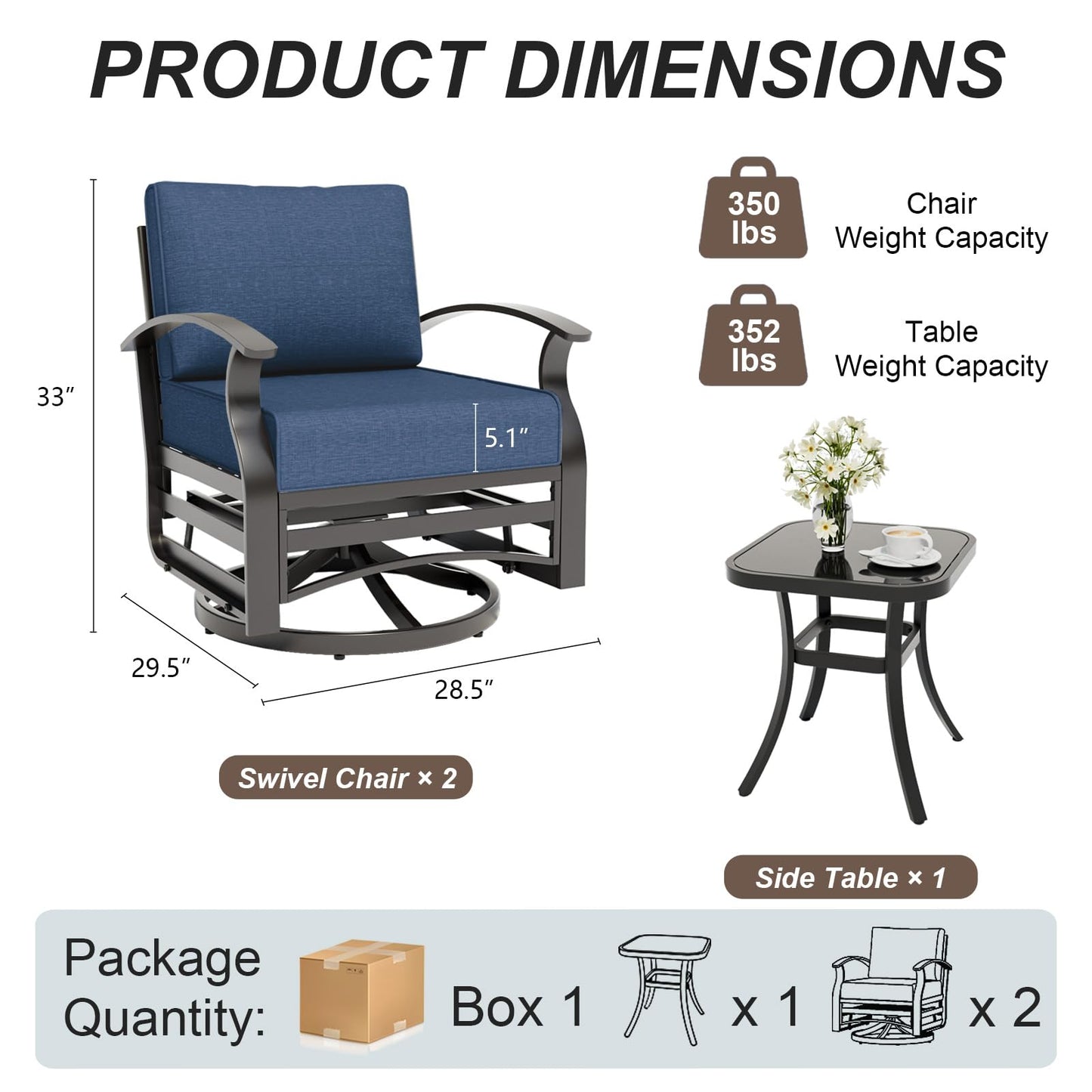 ALAULM 3 Pieces Patio Furniture Set, 2 Aluminum Outdoor Swivel Rocking Chairs with 5.1" Padded Removable Cushions & 1 Tempered Glass Coffee Table for Backyard Lawn Porch