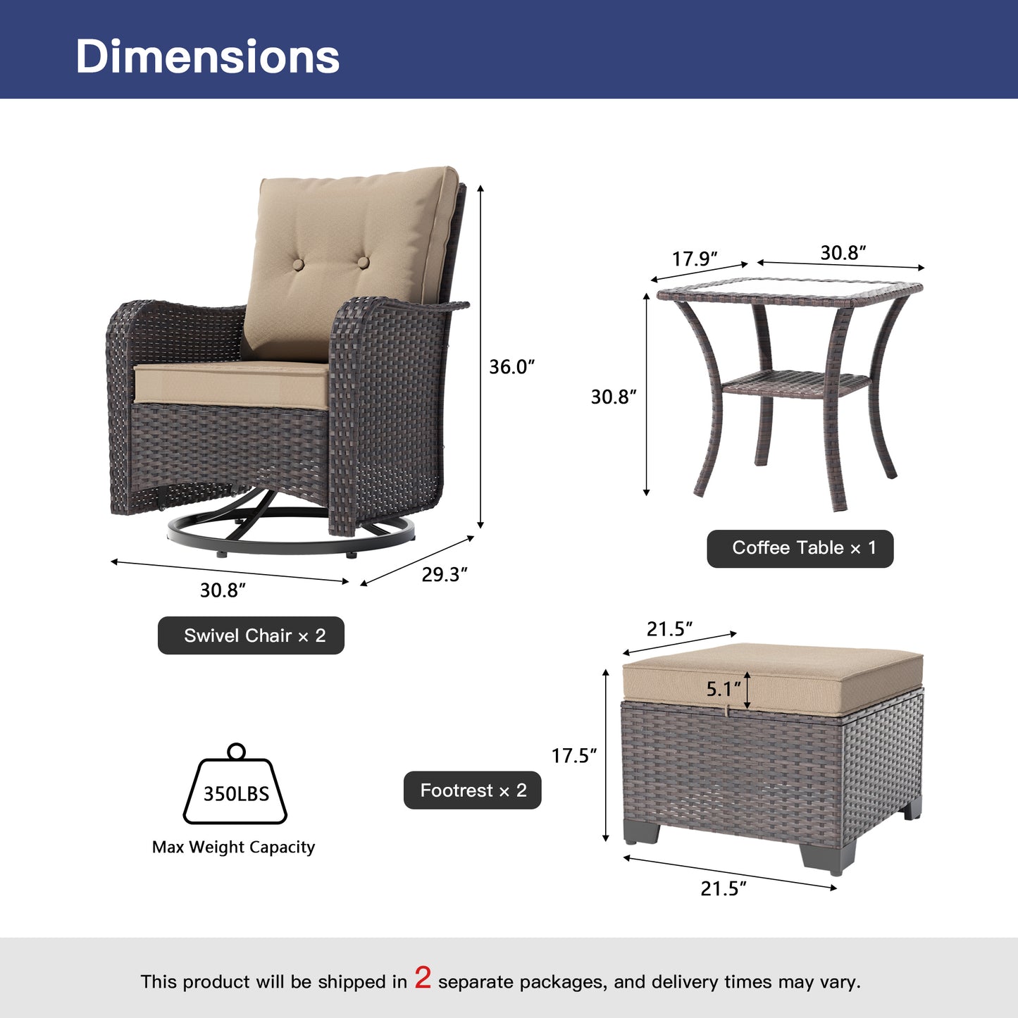 ALAULM 5 Pieces Patio Furniture Set with 4" Thick Cushions, 2 High Back Outdoor Swivel Rocker Chairs with 2 Ottoman & Side Table, 5-Piece All Weather Chairs Set for Porch Deck Pool Yard