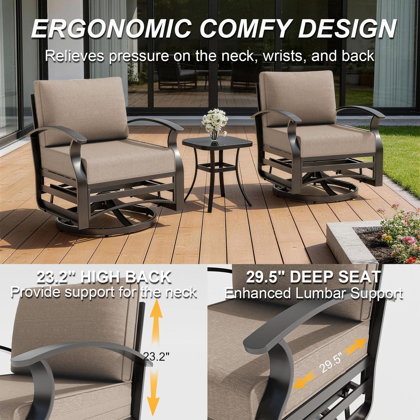 ALAULM 3 Pieces Patio Furniture Set, 2 Aluminum Outdoor Swivel Rocking Chairs with 5.1" Padded Removable Cushions & 1 Tempered Glass Coffee Table for Backyard Lawn Porch