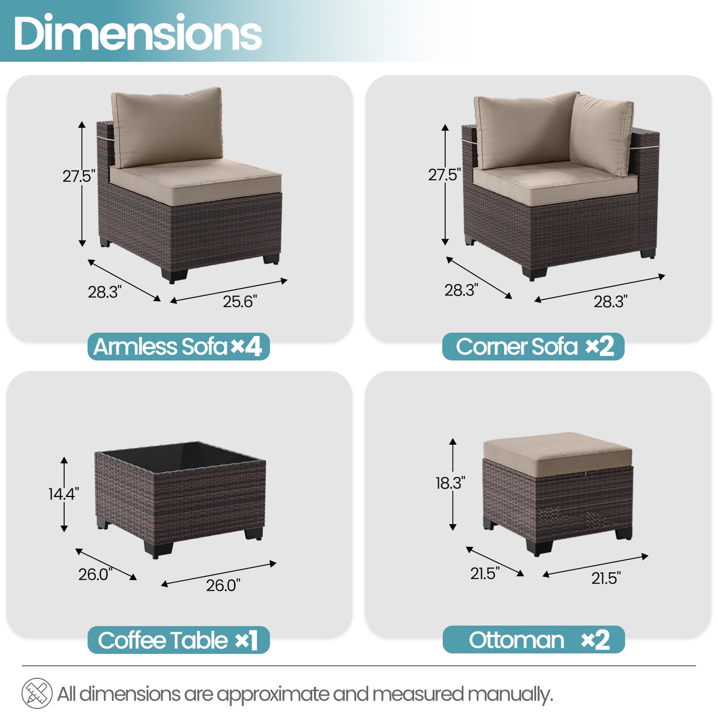 ALAULM 9PCS Outdoor Conversation Set, Thick Backrest Patio PE Rattan Wicker Sectional Sofas with Ottoman for Backyard, Porch, Sand