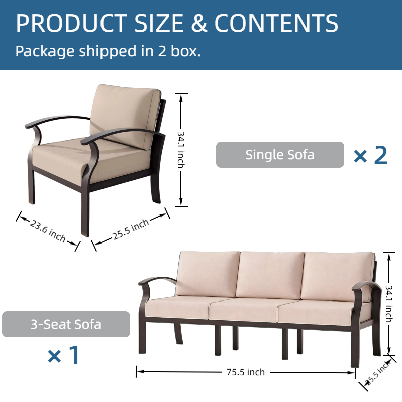 ALAULM Aluminum 5 Pieces Patio Furniture Set, 1 Three-Seater Sofa & 2 Single Sofas with 5.1" High-Resilience Cushions for Patio Backyard Poolside