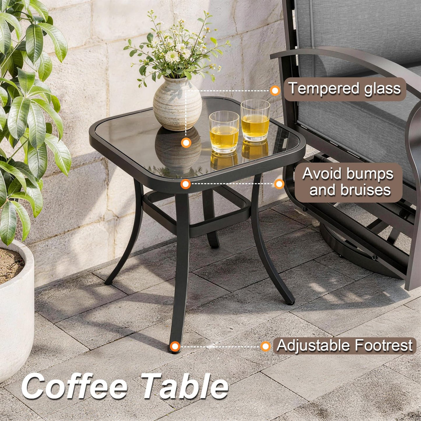 ALAULM 3 Pieces Patio Furniture Set, 2 Aluminum Outdoor Swivel Rocking Chairs with 5.1" Padded Removable Cushions & 1 Tempered Glass Coffee Table for Backyard Lawn Porch