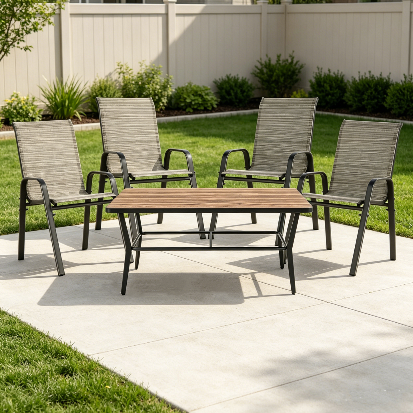 ALAULM 5 Pieces All Weather Patio Dining Set, 4 Stackable High Back Textilene Chairs with Metal Frame & DPC Coffee Table, Outdoor Furniture Set for Backyard Garden Deck, Brown