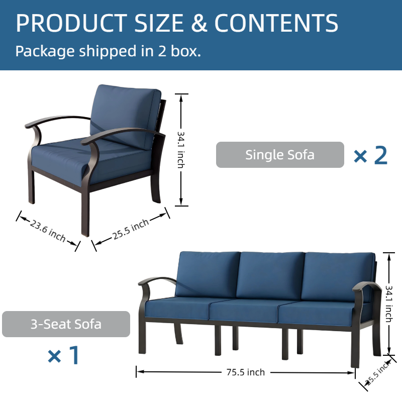 ALAULM Aluminum 5 Pieces Patio Furniture Set, 1 Three-Seater Sofa & 2 Single Sofas with 5.1" High-Resilience Cushions for Patio Backyard Poolside