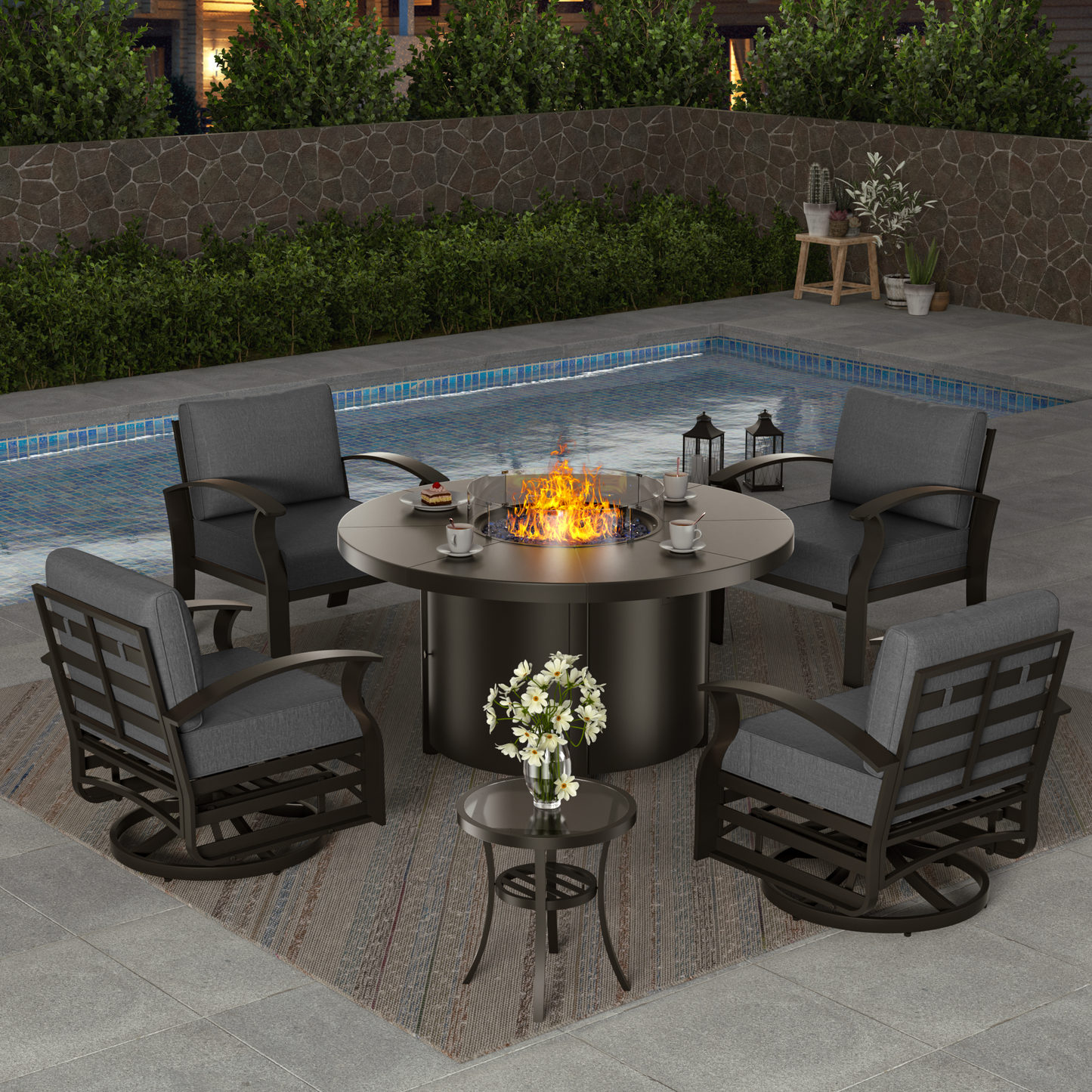 ALAULM 4-Seat Aluminum Patio Furniture Set, Outdoor Patio Conversation Set with Round Fire Pit Table and 5.1" Cushions for Patio Backyard Poolside