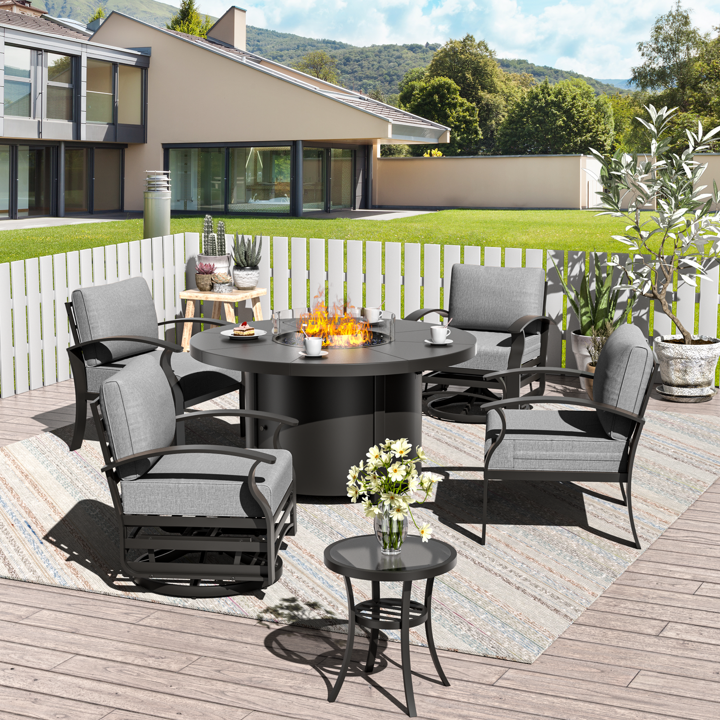 ALAULM 4-Seat Aluminum Patio Furniture Set, Outdoor Patio Conversation Set with Round Fire Pit Table and 5.1" Cushions for Patio Backyard Poolside