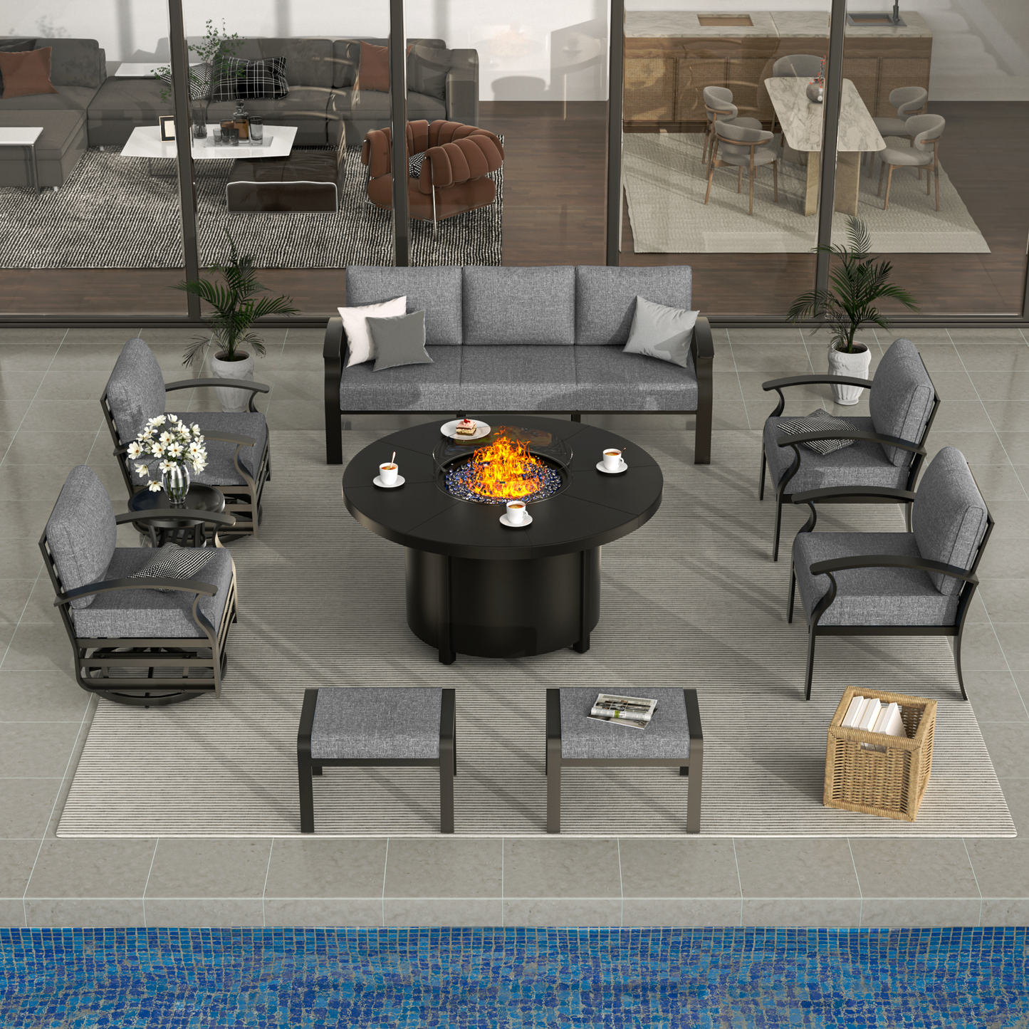 ALAULM Aluminium Patio Furniture Set with Swivel Chairs, 9-Seater Metal Outdoor Furniture Patio Sectional Sofas Patio Conversation Set with 2 swivel chairs For Patio, Backyard, Poolside
