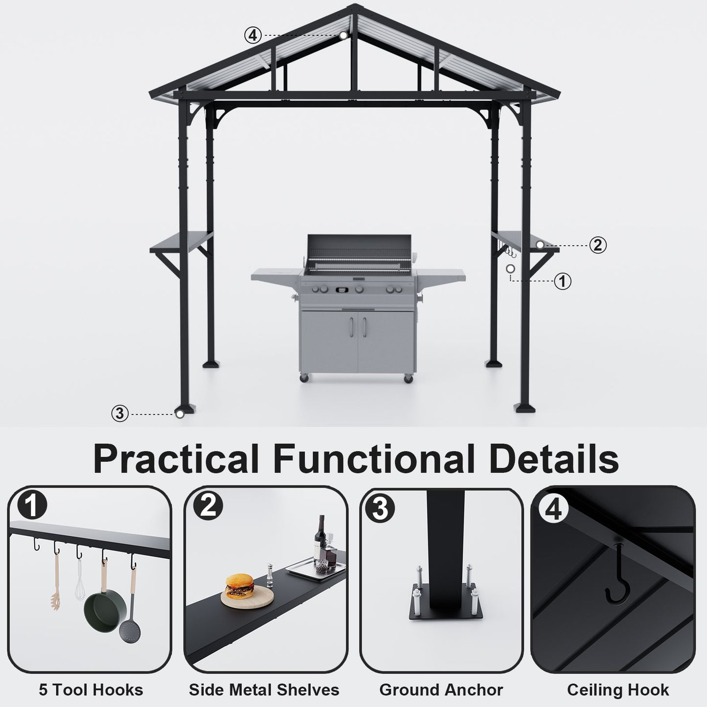 ALAULM 8'x5' Hardtop Grill Gazebo, Outdoor BBQ Canopy with 19" Smokeless Stove, Metal Roof, 2 Side Shelves & 5 Tool Hooks, Fire Pit Includes Waterproof Cover & Fire Poker, for Patio, Black