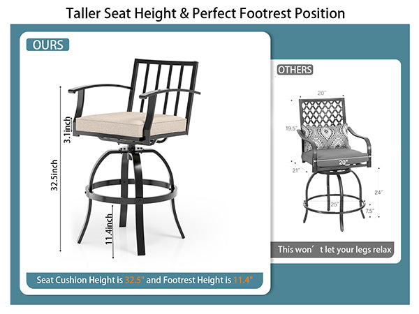 Gotland 3 Pieces Outdoor Swivel Bar Stools Set, All Weather Metal High Top Bistro Set Bar Height Table,High Top Bistro Stools with Sturdy Framewith 2 Chairs for Deck Lawn Garden,Sand