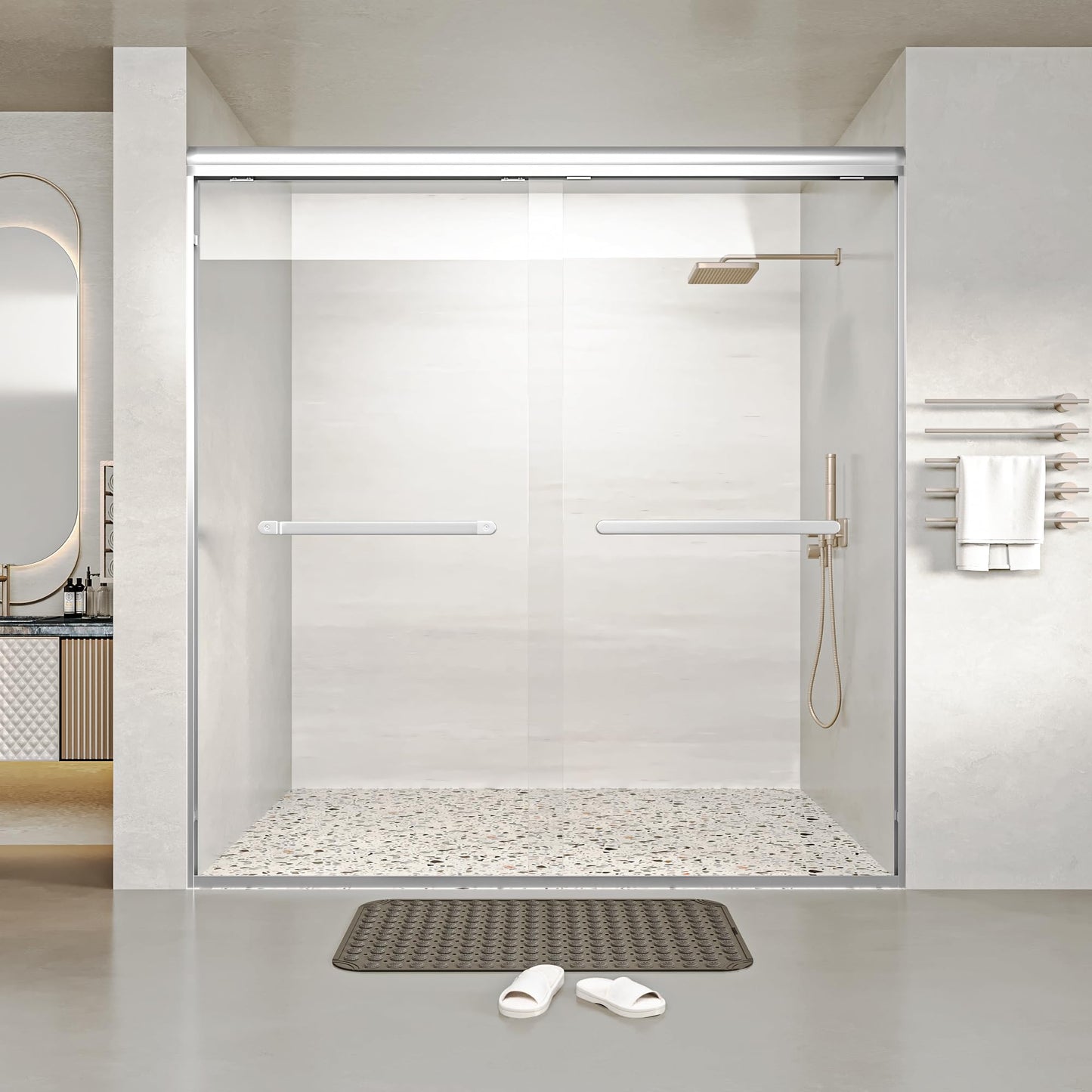 Gotland 44-48" W x 72" H Semi-Frameless Bypasss Bathroom Glass Shower Double Sliding Doors,1/4" (6mm) Clear SGCC Tempered Glass Stainless Steel Hardware Waterproof Seal Explosion-Proof Film
