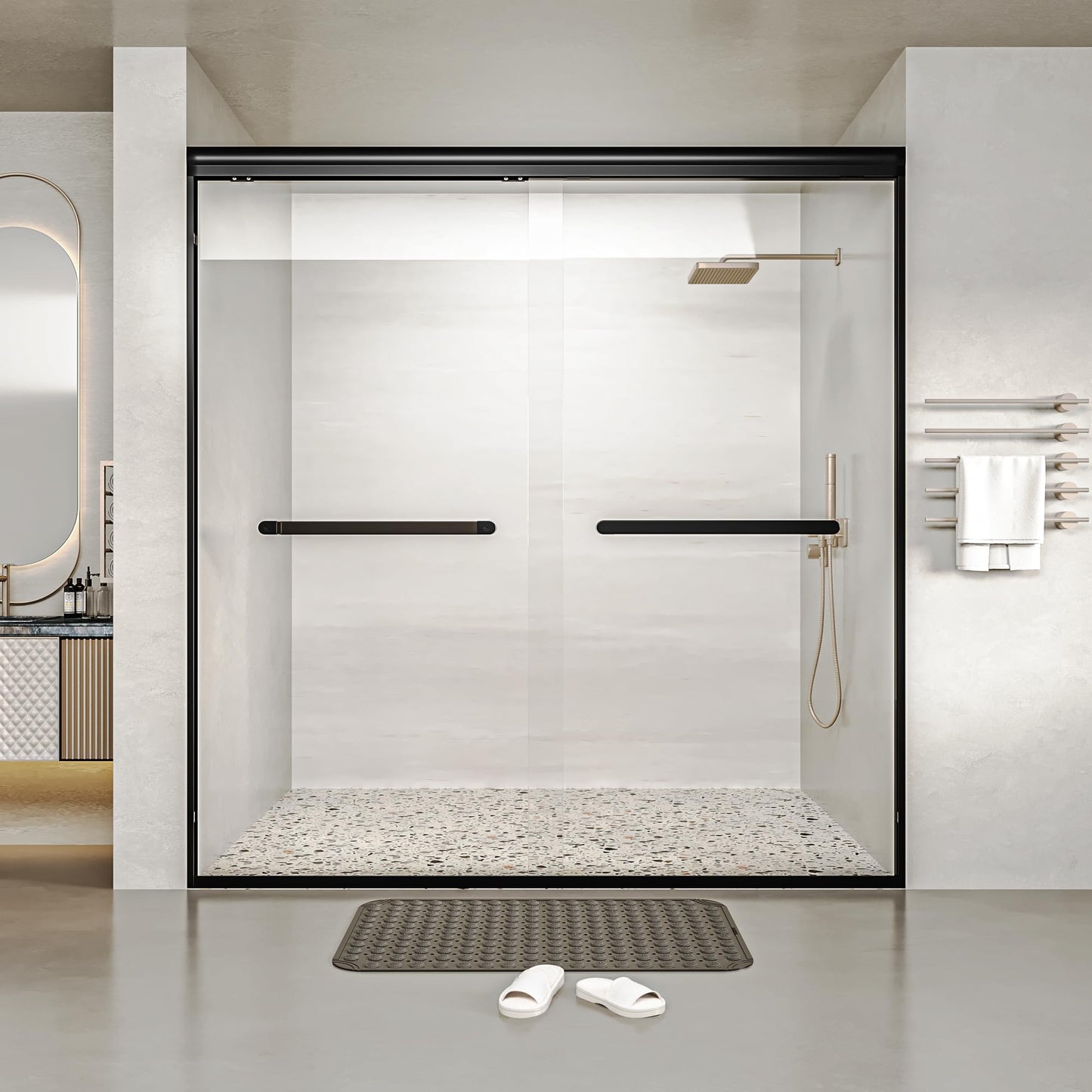 Gotland 44-48" W x 72" H Semi-Frameless Bypasss Bathroom Glass Shower Double Sliding Doors,1/4" (6mm) Clear SGCC Tempered Glass Stainless Steel Hardware Waterproof Seal Explosion-Proof Film