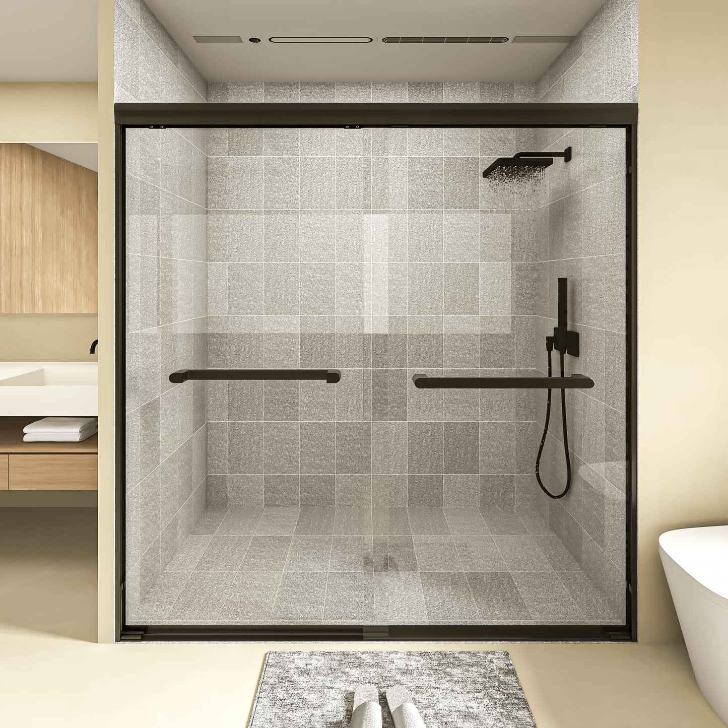 Gotland 44-48" W x 72" H Semi-Frameless Bypasss Bathroom Glass Shower Double Sliding Doors,1/4" (6mm) Clear SGCC Tempered Glass Stainless Steel Hardware Waterproof Seal Explosion-Proof Film
