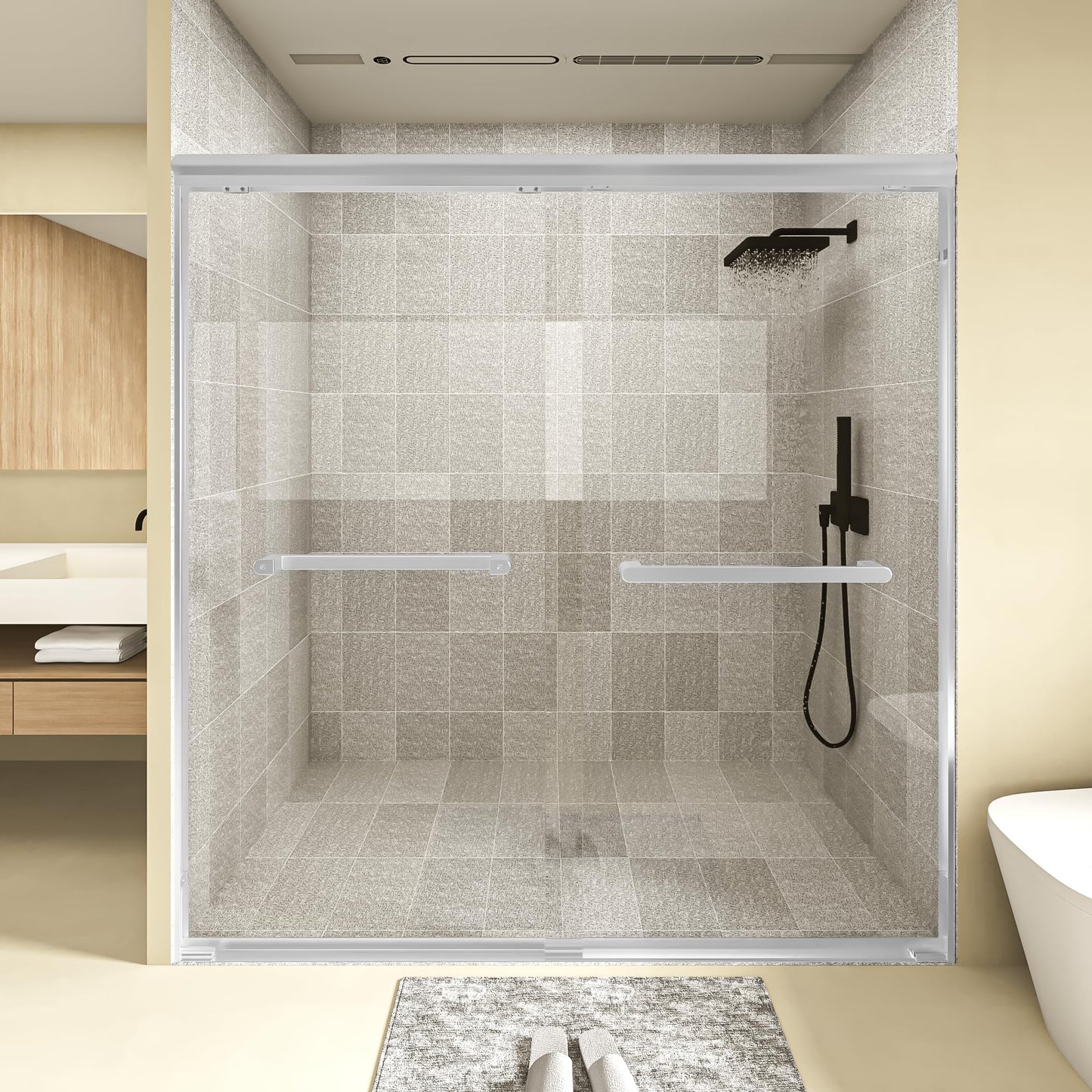 Gotland 44-48" W x 72" H Semi-Frameless Bypasss Bathroom Glass Shower Double Sliding Doors,1/4" (6mm) Clear SGCC Tempered Glass Stainless Steel Hardware Waterproof Seal Explosion-Proof Film