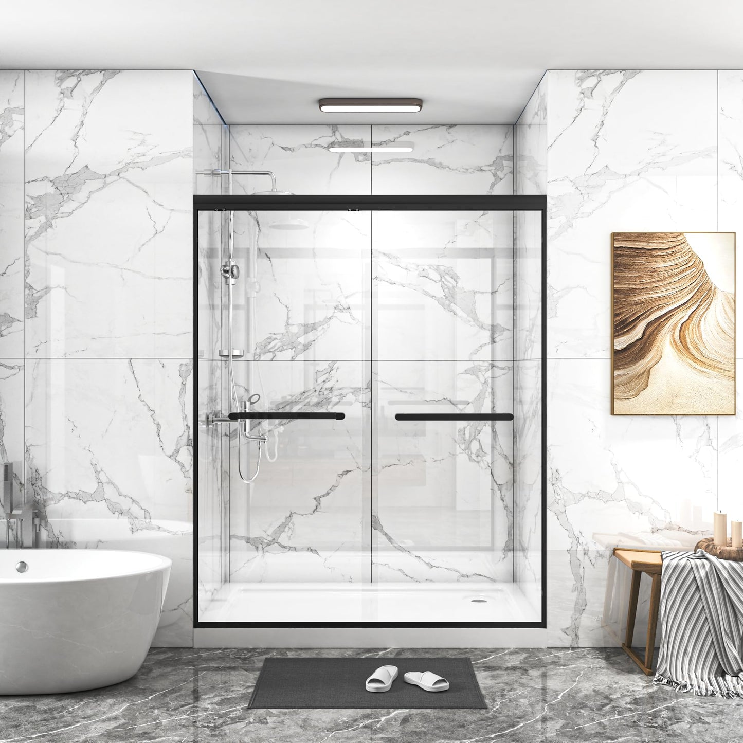 Gotland 44-48" W x 72" H Semi-Frameless Bypasss Bathroom Glass Shower Double Sliding Doors,1/4" (6mm) Clear SGCC Tempered Glass Stainless Steel Hardware Waterproof Seal Explosion-Proof Film