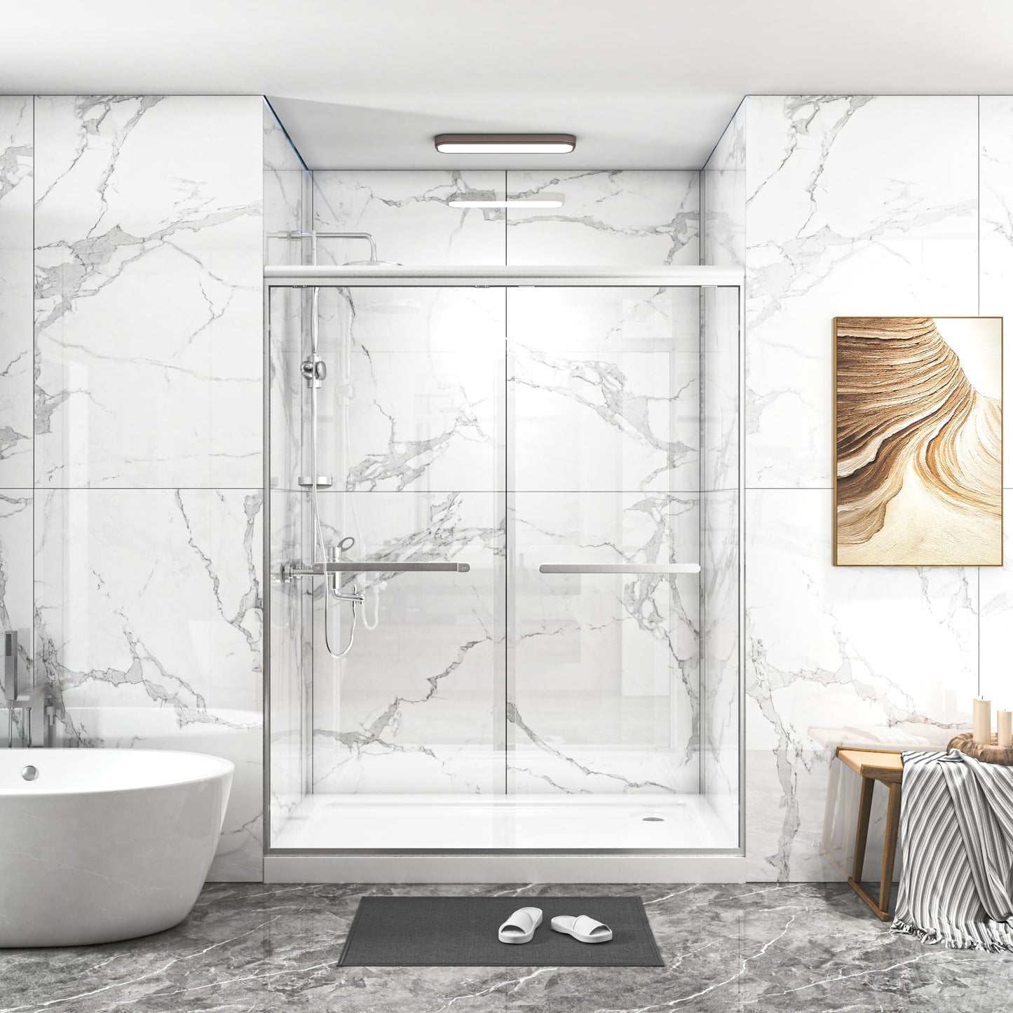 Gotland 44-48" W x 72" H Semi-Frameless Bypasss Bathroom Glass Shower Double Sliding Doors,1/4" (6mm) Clear SGCC Tempered Glass Stainless Steel Hardware Waterproof Seal Explosion-Proof Film