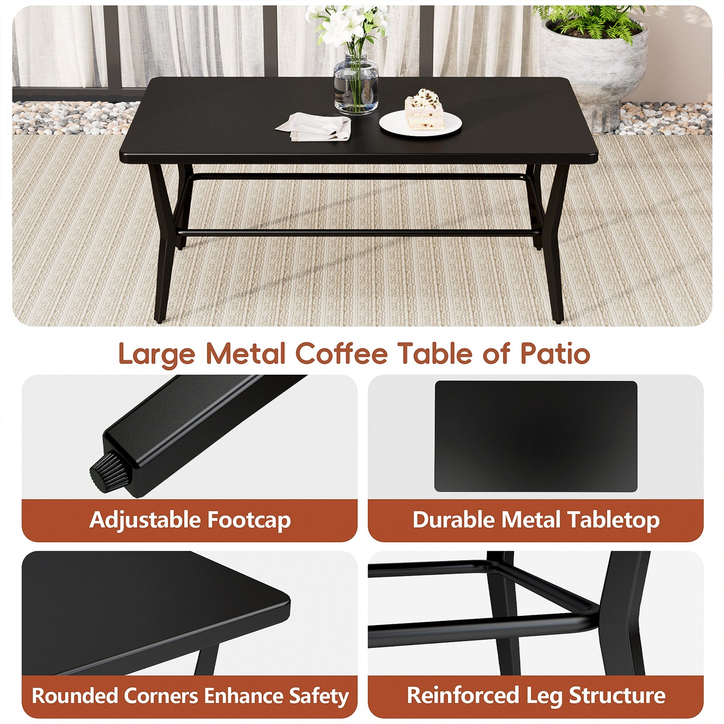 ALAULM Outdoor Modern Black Rectangular Coffee Table - Sturdy Design for Patio, poolside & porch