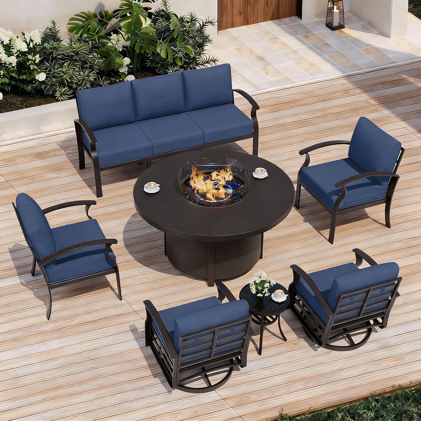 ALAULM Aluminium Patio Furniture Set with Swivel Chairs, 7-Seater Metal Outdoor Furniture Patio Sectional Sofas Patio Conversation Set with 2 swivel chairs For Patio, Backyard, Poolside