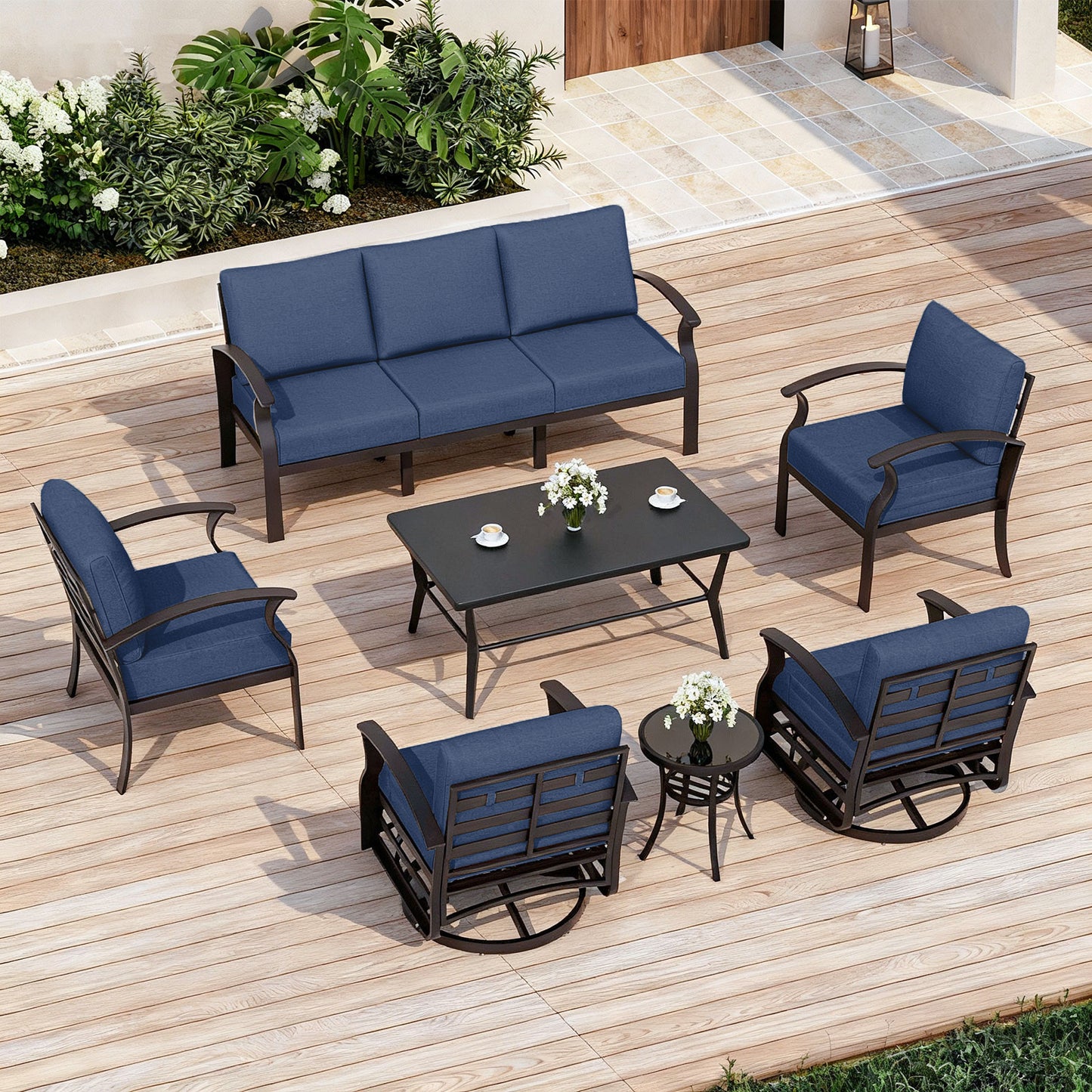 ALAULM 7-Seat Aluminum Patio Furniture Set, Outdoor Patio Conversation Set with Rectangular Metal Coffee Tables and 5.1" Cushions for Patio Backyard Poolside