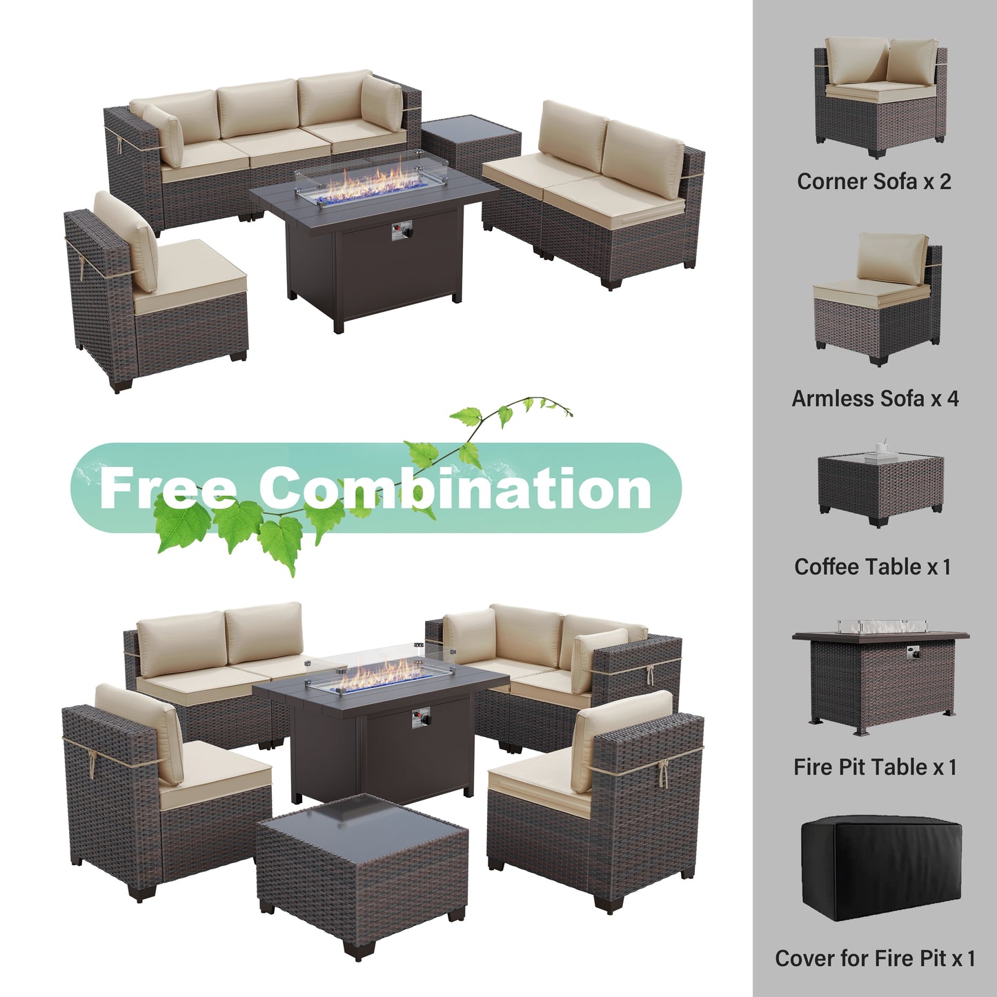 ALAULM 8 Pcs Patio Furniture Set withStainless Steel Gas Fire Pit Table, Brown/Blue