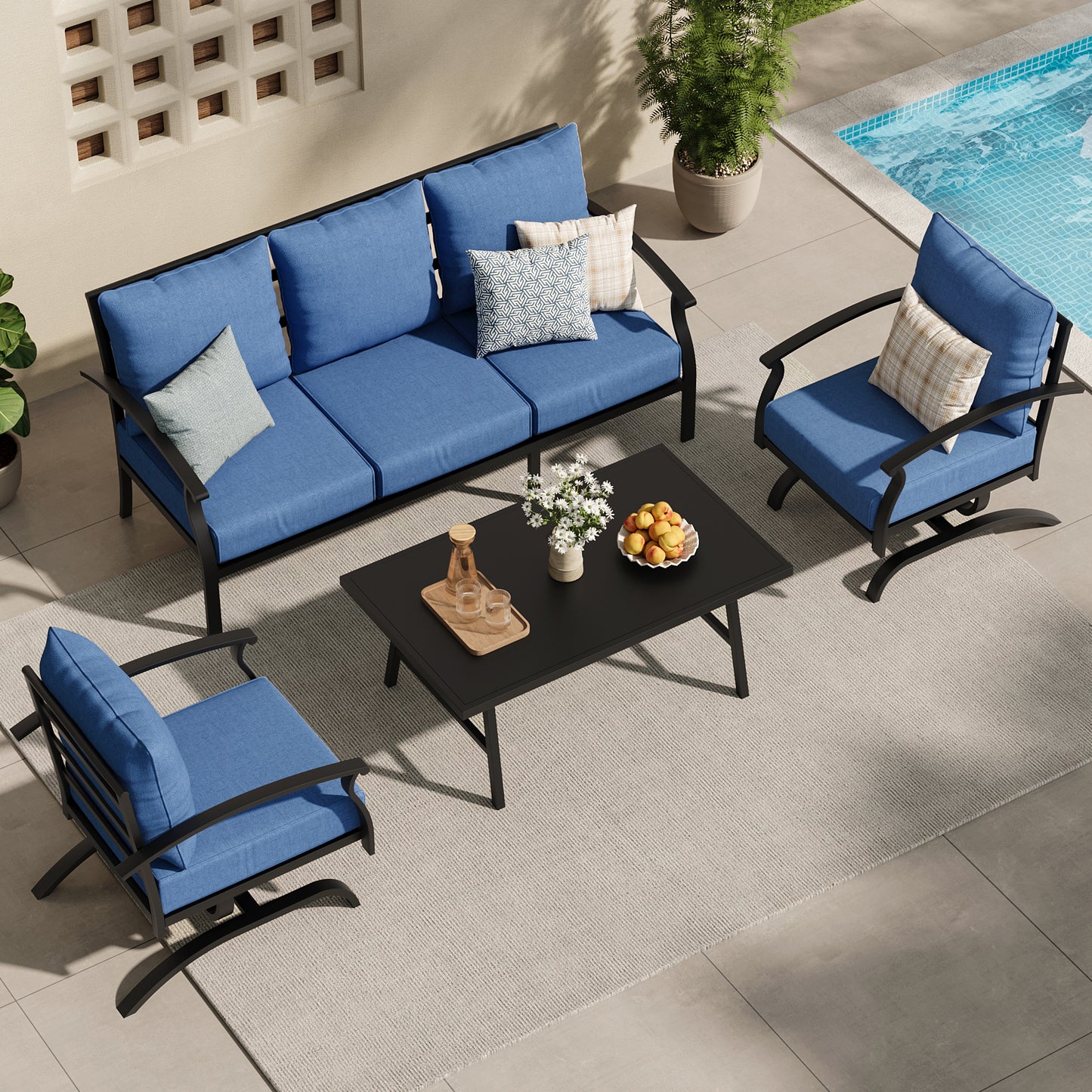 ALAULM 4 Piece Patio Furniture Set,Outdoor Metal Patio Furniture with Coffee Table & Rocking Chairs Conversation Set for Porch,Backyard,Poolside, Garden